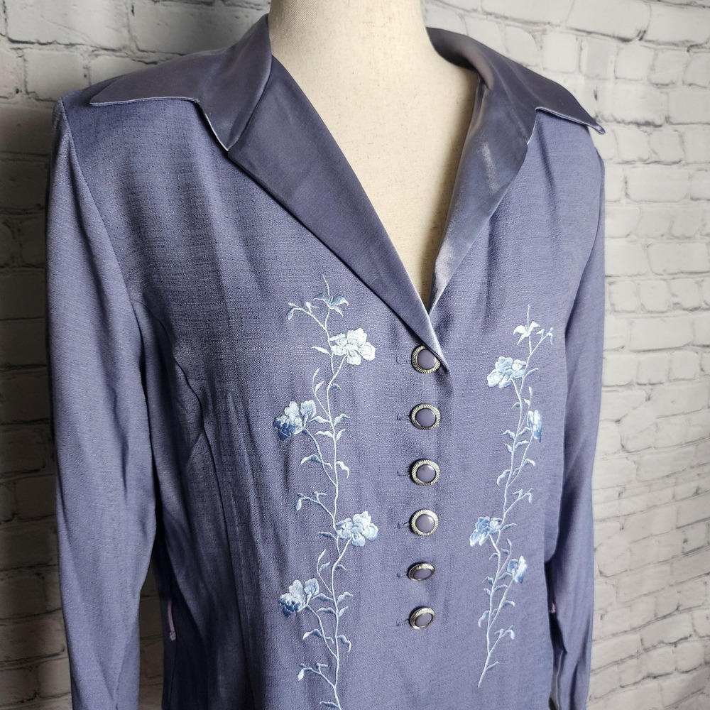 David Benjamin Vintage Blue Embroidered Floral Button Up Blouse XL Cottagecore